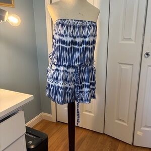Tie-Dye Strapless Romper with Elastic Waist Band Blue white  Size Small